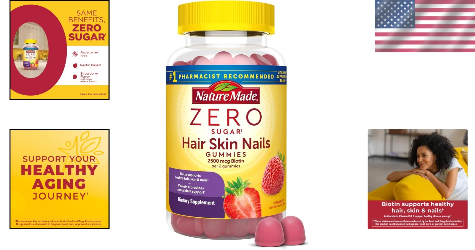 Delicious Strawberry Hair Skin Nails Gummies – 120 Sugar Free Biotin Supplements