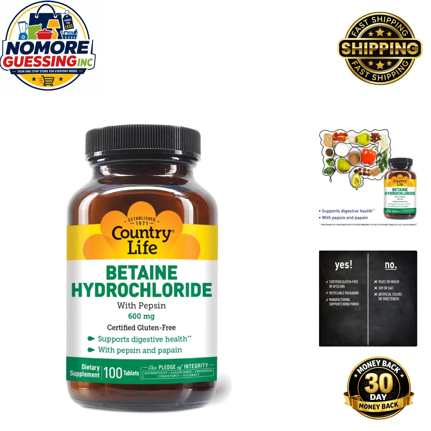High-Purity 600mg Betaine Hydrochloride with Pepsin – 100 Hypoallergenic Tablets