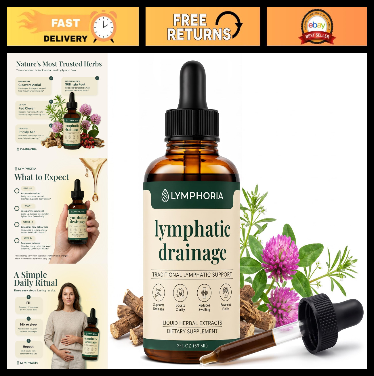 Lymphatic Drainage Drops for Bloat Relief & Detox Cleanse – Vegan, Alcohol-Free,