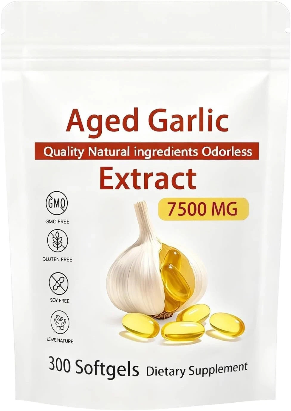 Garlic Odorless 7500mg Per Servings, 300 Softgels | 2 Years Aged Garlic Extra