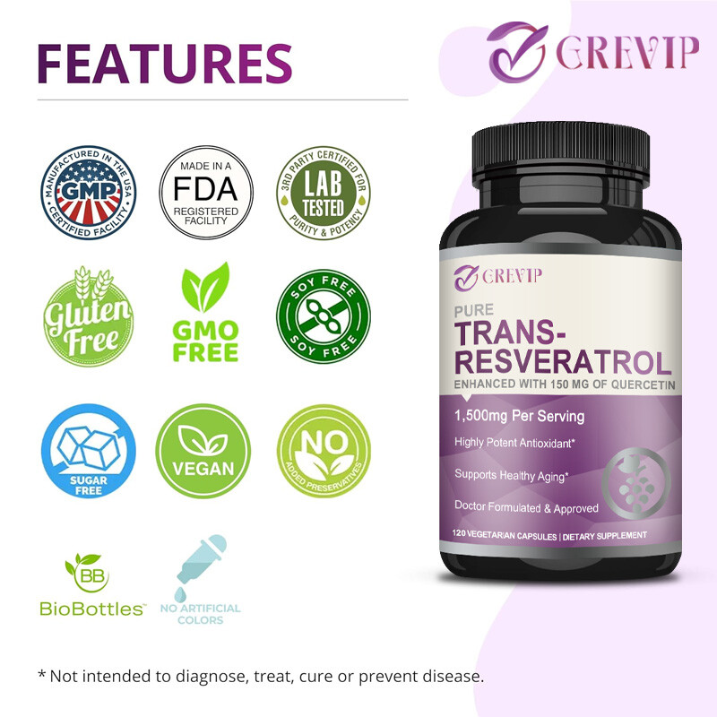 Trans-Resveratrol 1500mg -Quercetin -Anti-Aging, Anti-inflammatory, Antioxidant