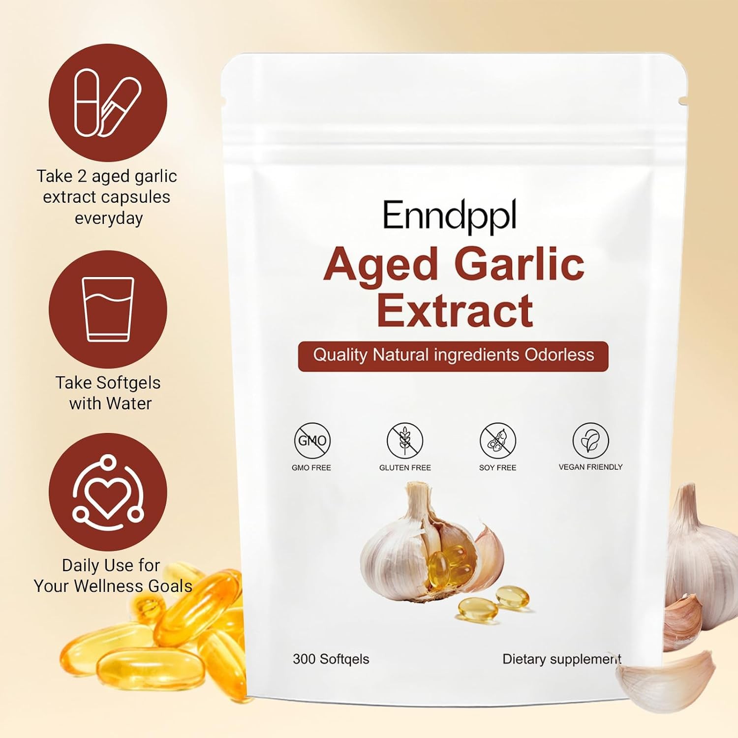 Elare Aged Garlic Extract, 300 Softgels, 7500mg Odorless | Heart & Immune pack 1
