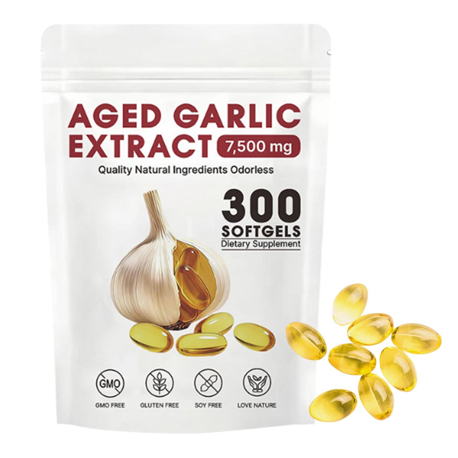 300 Softgels, Elare Aged Garlic Extract, 7500mg Odorless Heart & Immune