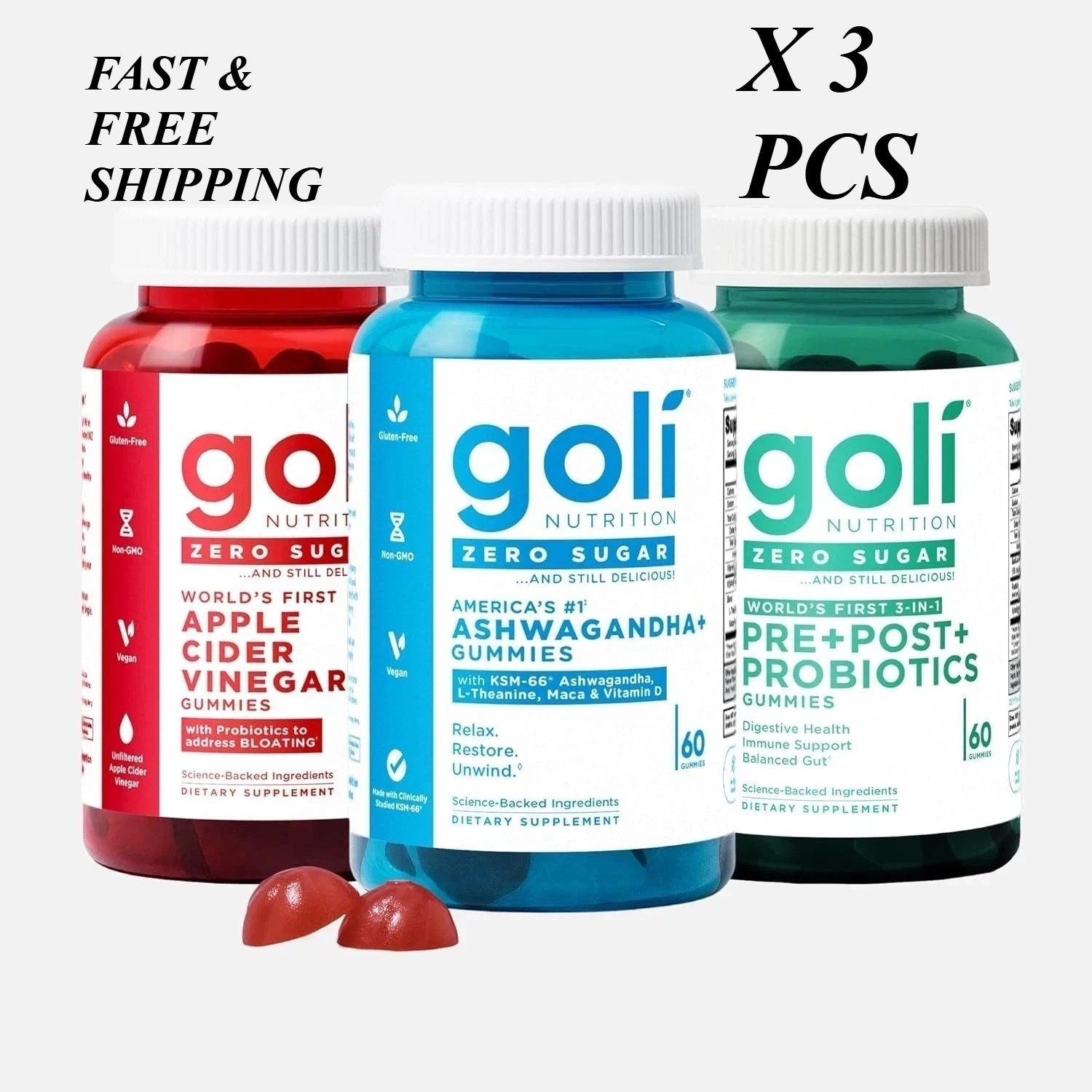 2 SETS- 3 Bottles Goli Zero Sugar Best Seller Trio Set Gummies 60Caps Per Bottle