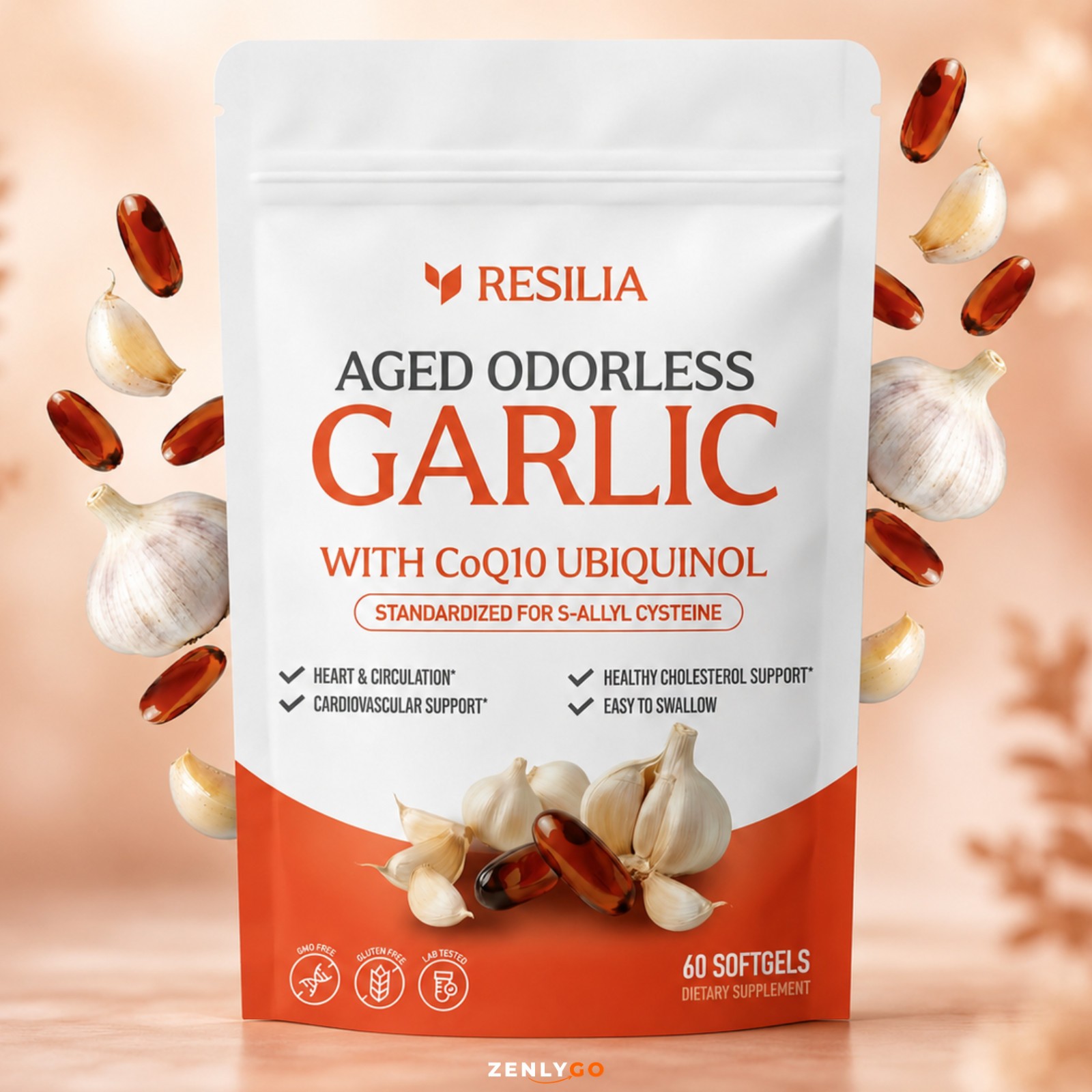 Resilia Garlic Extract 1200mg Softgels (60 Count) – Odorless Aged Garlic Extra..