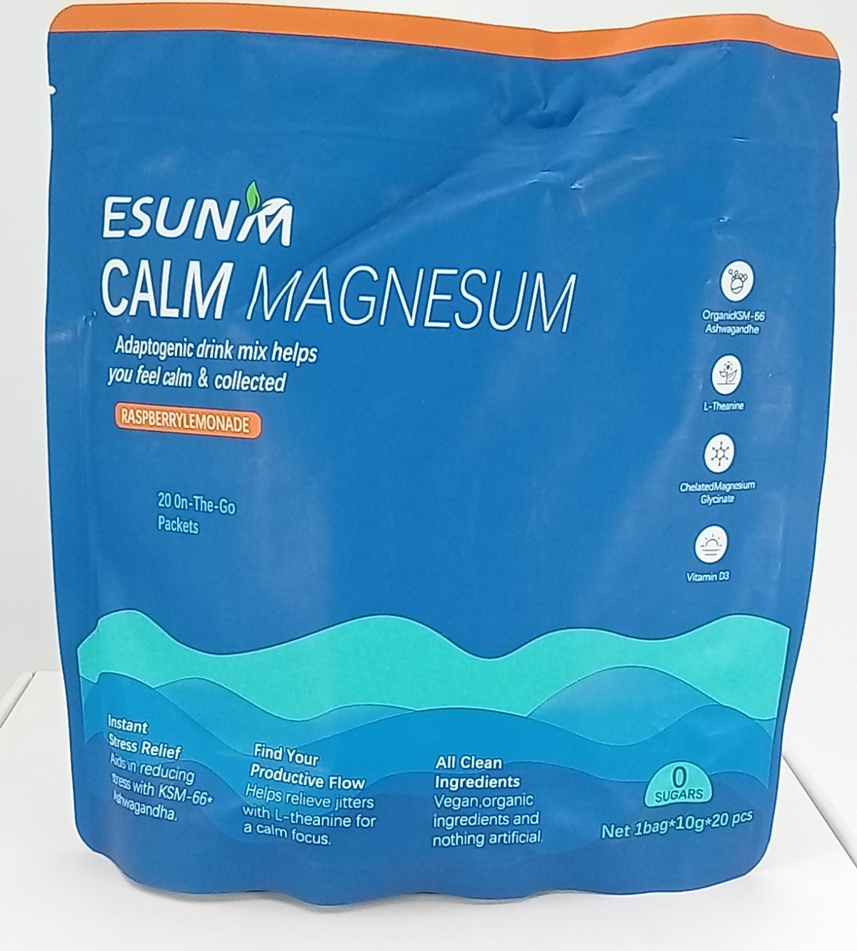 ESUNM Calm Magnesium Raspberry Lemonade Drink Mix Stress Relief 20 Packets