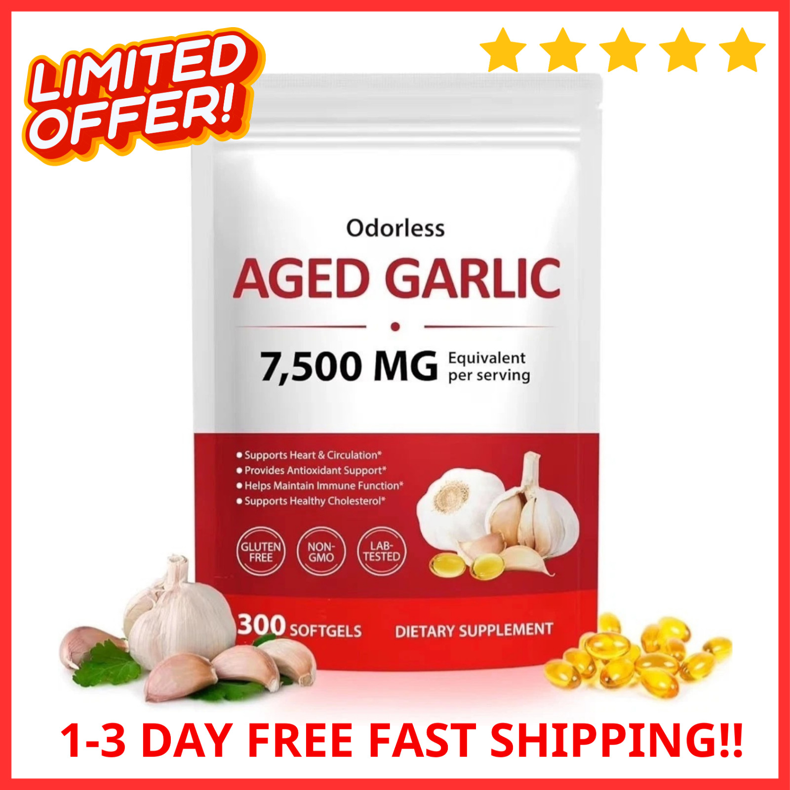 Odorless Garlic 7500Mg per Servings, 300 Softgels | 2 Years Aged Garlic Extra…
