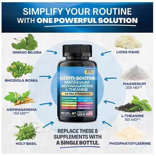 CORTI-SOOTHE Cortisol Magnesium Ashwagandha L-theanine – Relieve Stress++