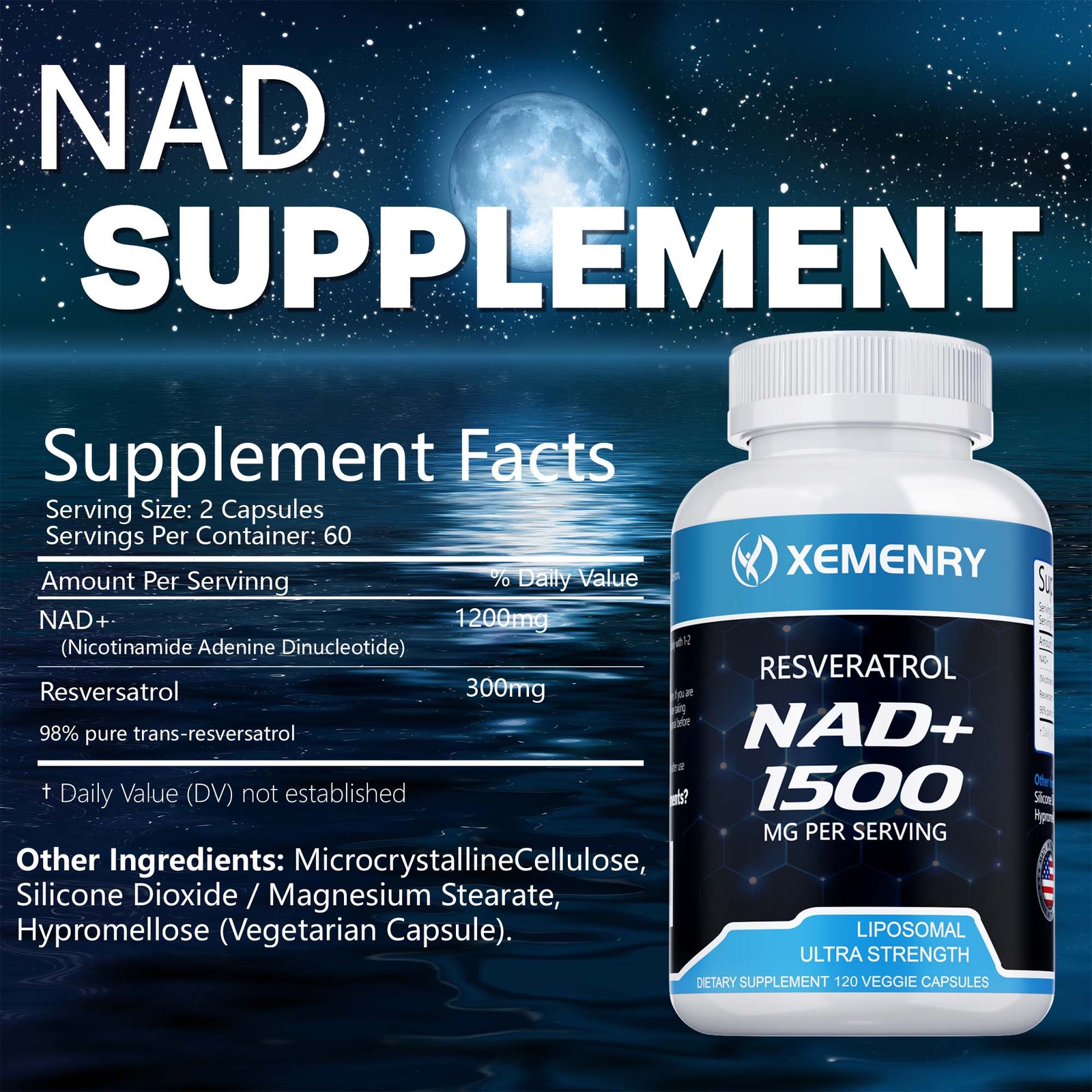 NAD+ 1500mg – Resveratrol,DNA Repair,Energy Production,Metabolism,Focus Booster