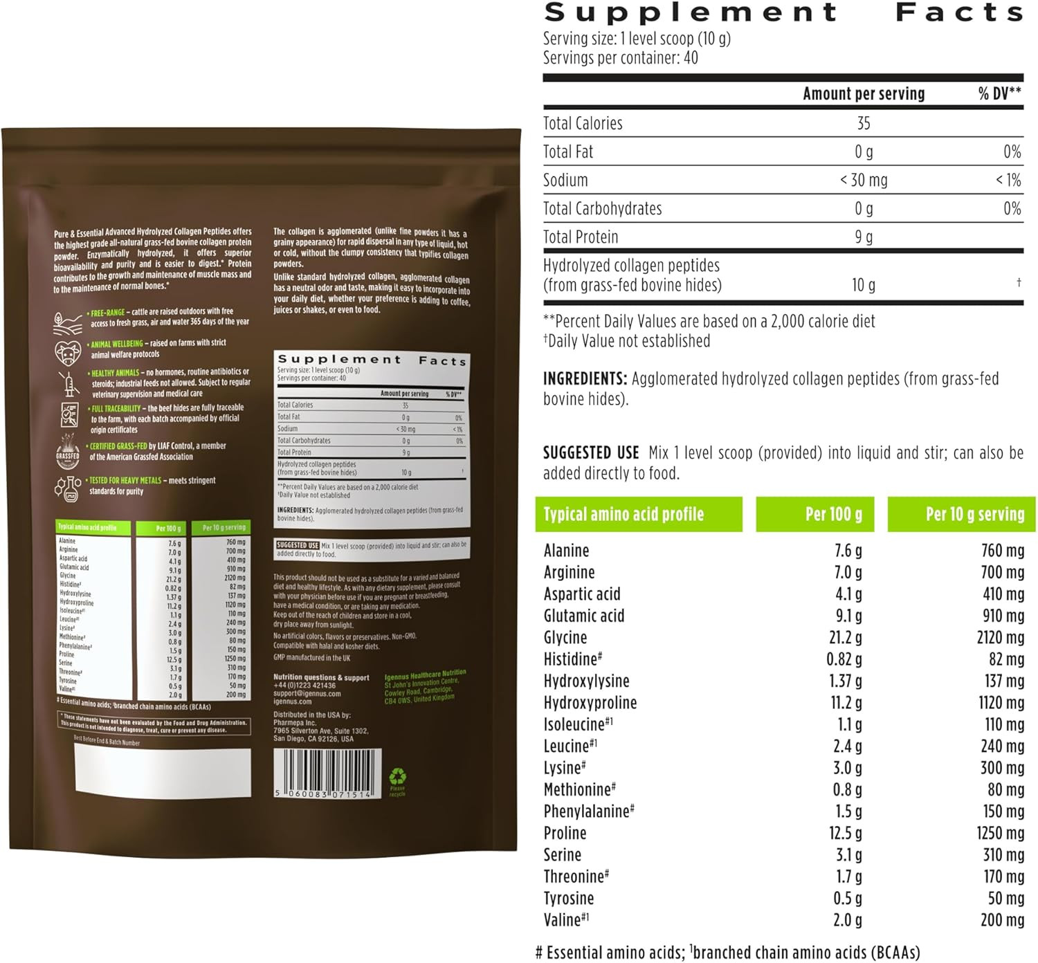 Igennus Free Range Grass Fed Hydrolyzed Bovine Collagen Peptides, Neutral Taste,