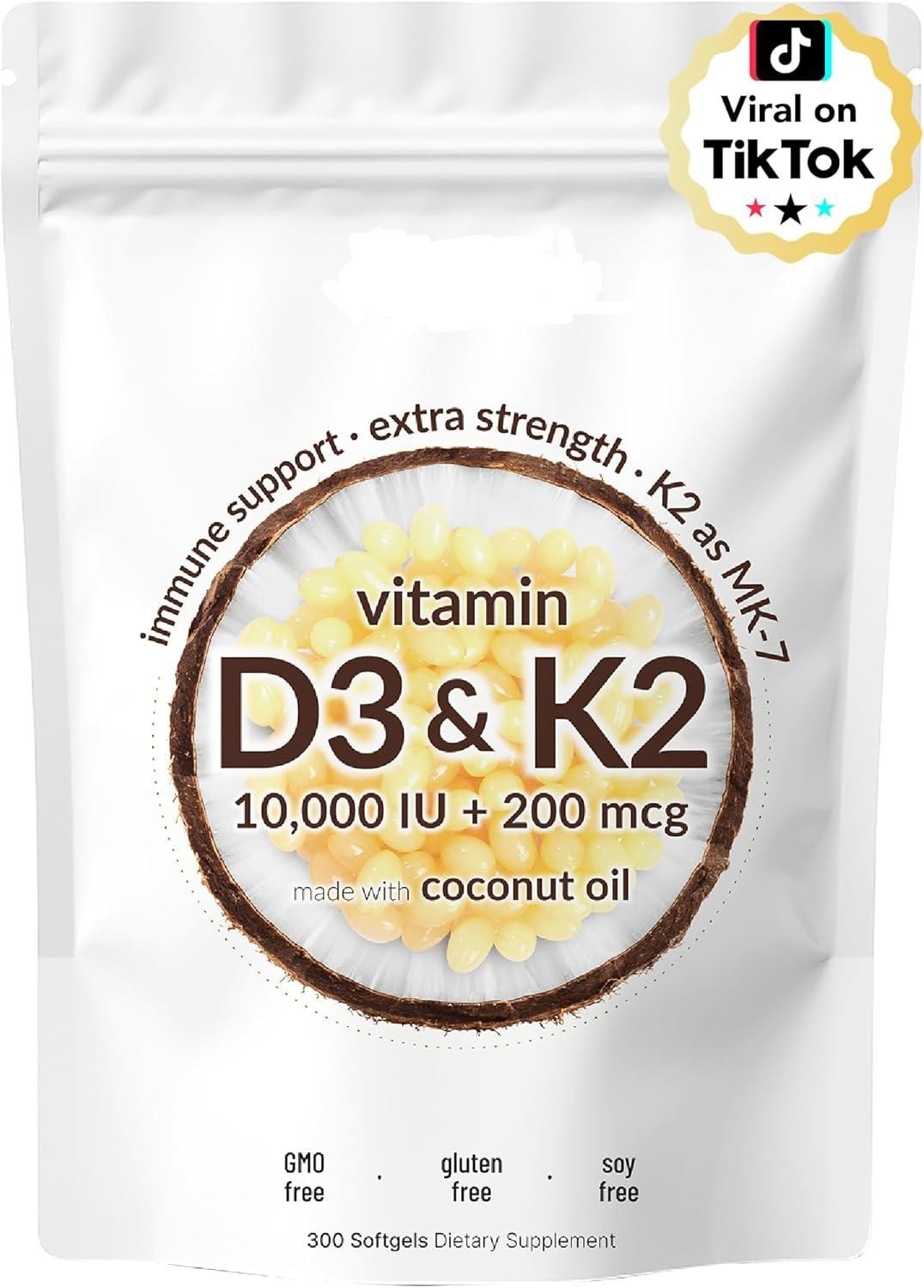 Vitamin D3 10000 iu Plus K2 (MK-7) 200 mcg, 300 Virgin Coconut Oil Softgels
