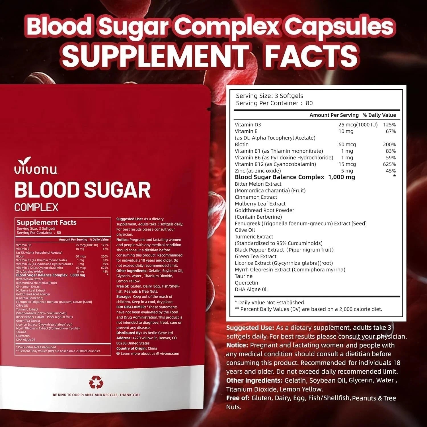 VivoNu Blood Sugar Complex Supplement with 20 Herbs and Vitamins 240 Softgels