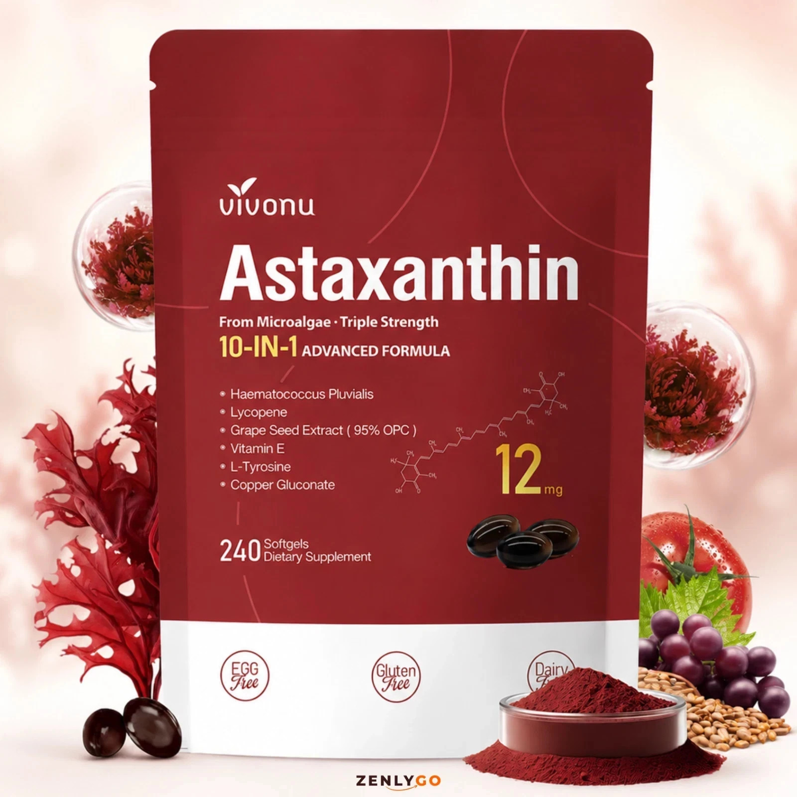 Astaxanthin 12mg 240 Softgels, 4 Month Supply,Triple Strength,Non-GMO,Eye Health