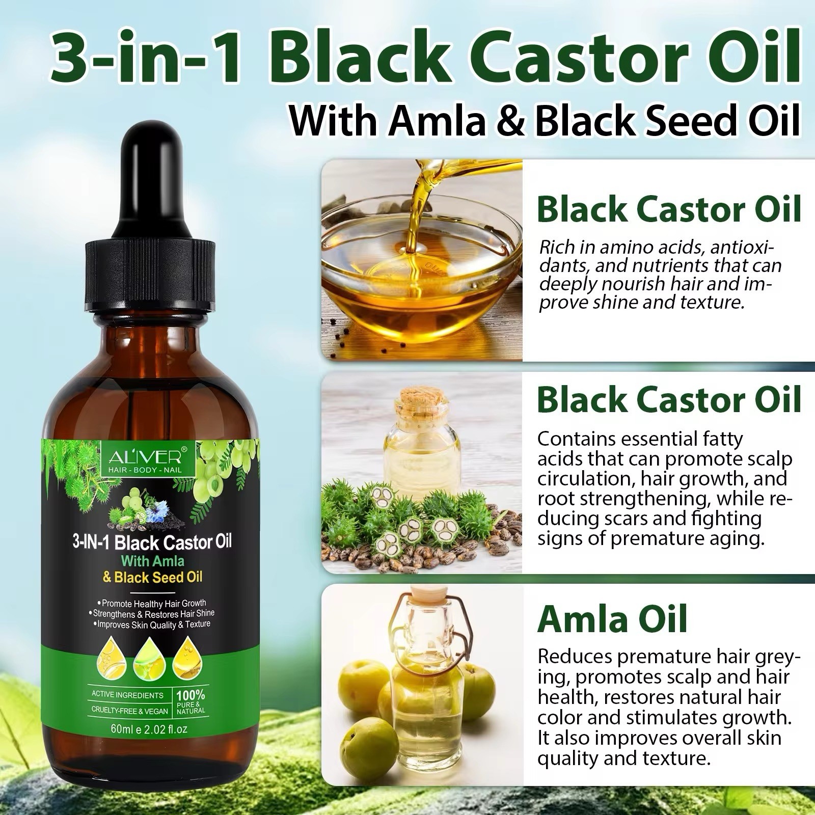 60ml Organic Black Castor Oil – Hair Growth, Strengthens Hairline, Skin & Body.