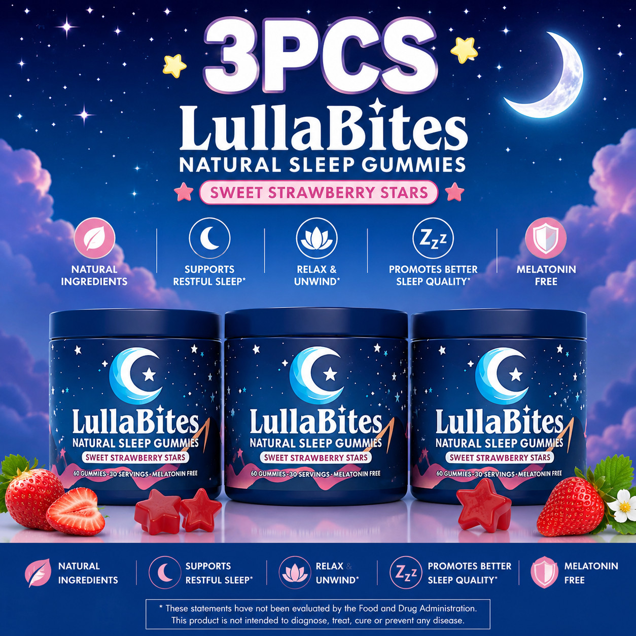 LullaBites Natural Sleep Gummy Vitamins – 30 Servings -Sweet Strawberry Stars