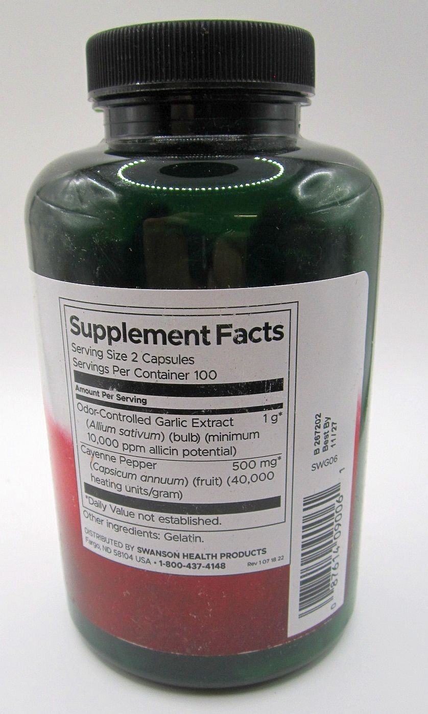 Swanson Garlic with Cayenne 200 Capsules Expiration: 11/2027