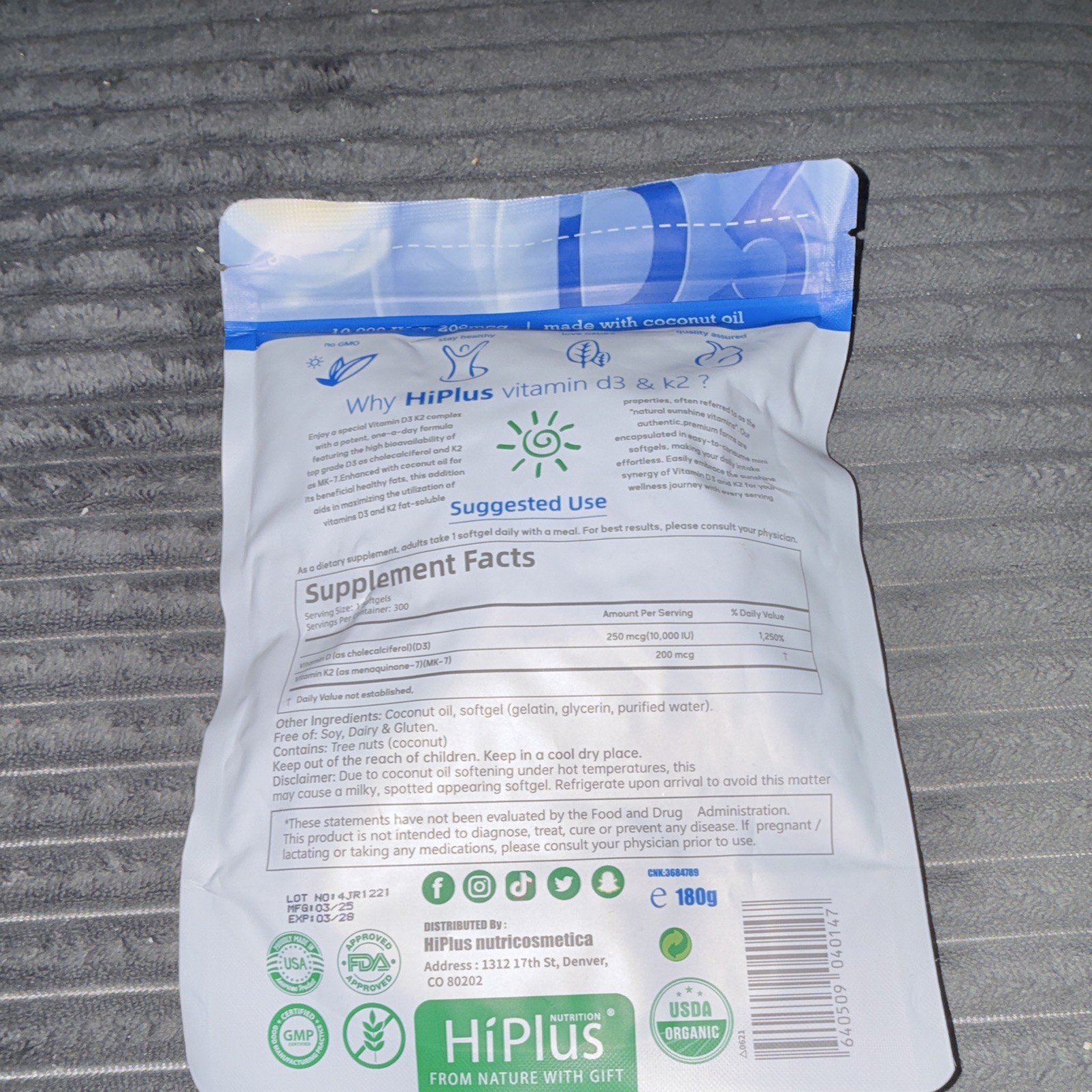 HiPlus Vitamin D3 & K2 10,000 IU + 200 mcg Coconut Oil 300 Softgels
