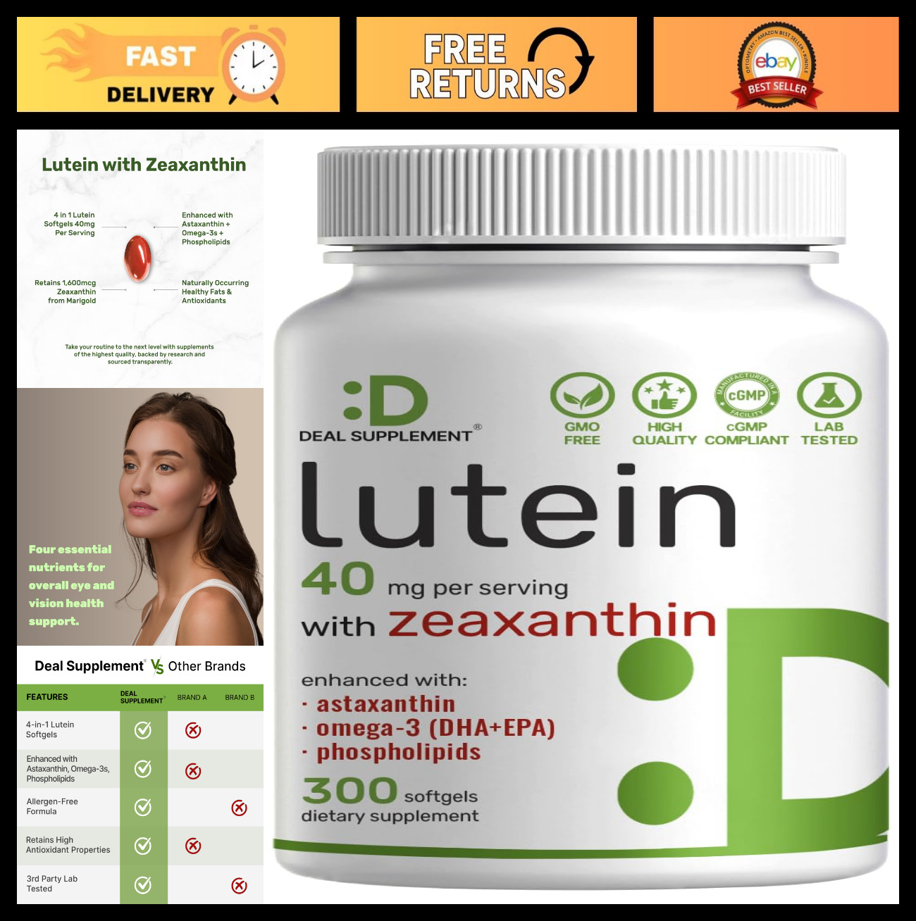 Lutein Zeaxanthin Supplements 40mg, 300 Softgels, Astaxanthin Omega-3 Non-GMO