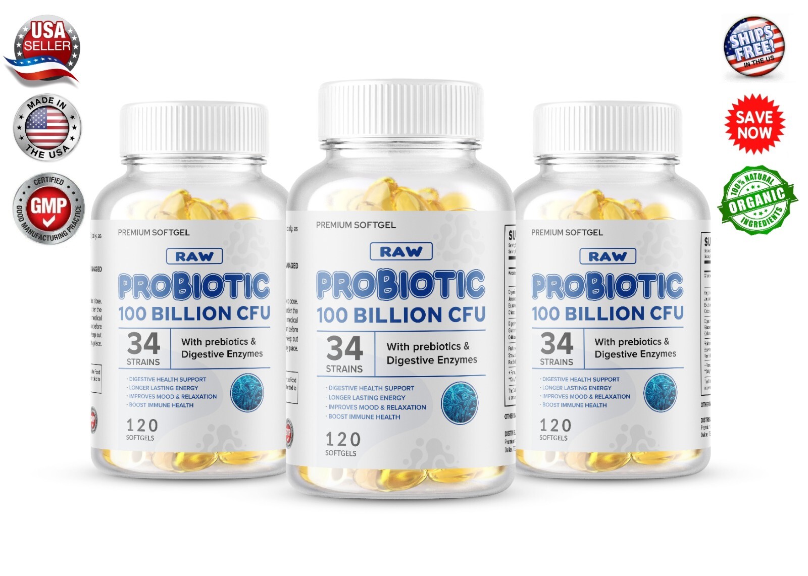 3 x Raw Probiotics 100 Billion CFU Potency Digestive Immune Health 360 Capsules