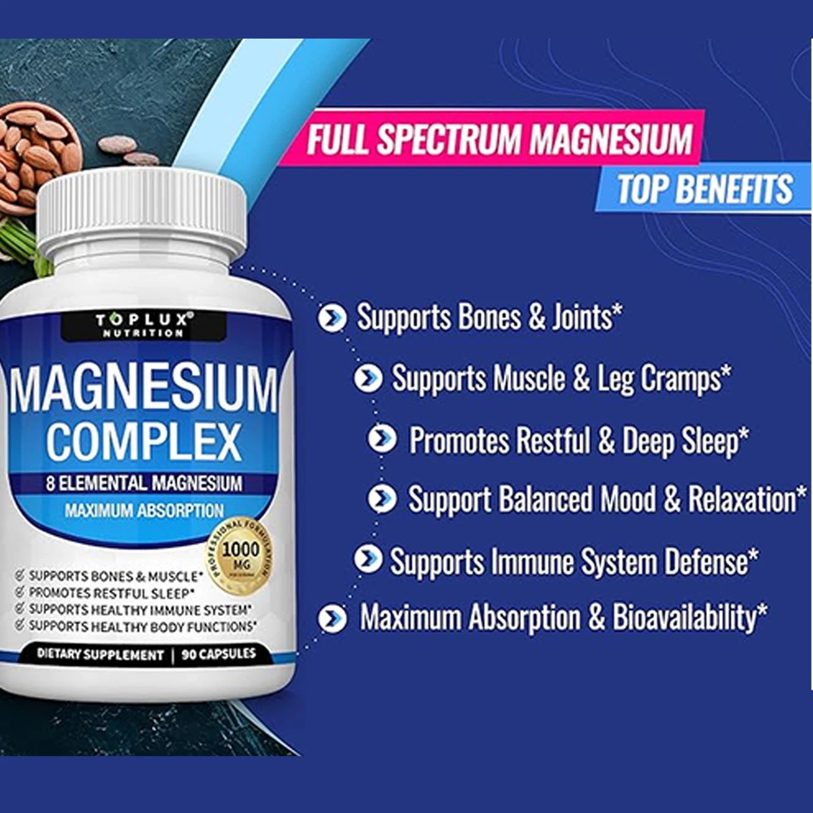 3Pack Toplux Nutrition Magnesium Complex 1000mg Supports 8 Elemental Magnesium