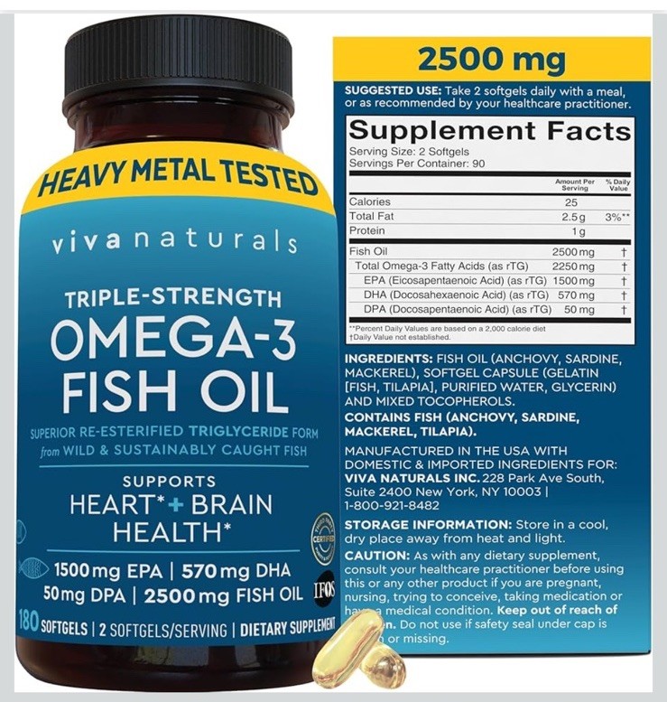 Vivanaturals Omega 3 Fish Oil Supplement 2500 mg Fish Oil 180 Softgels | Unisex