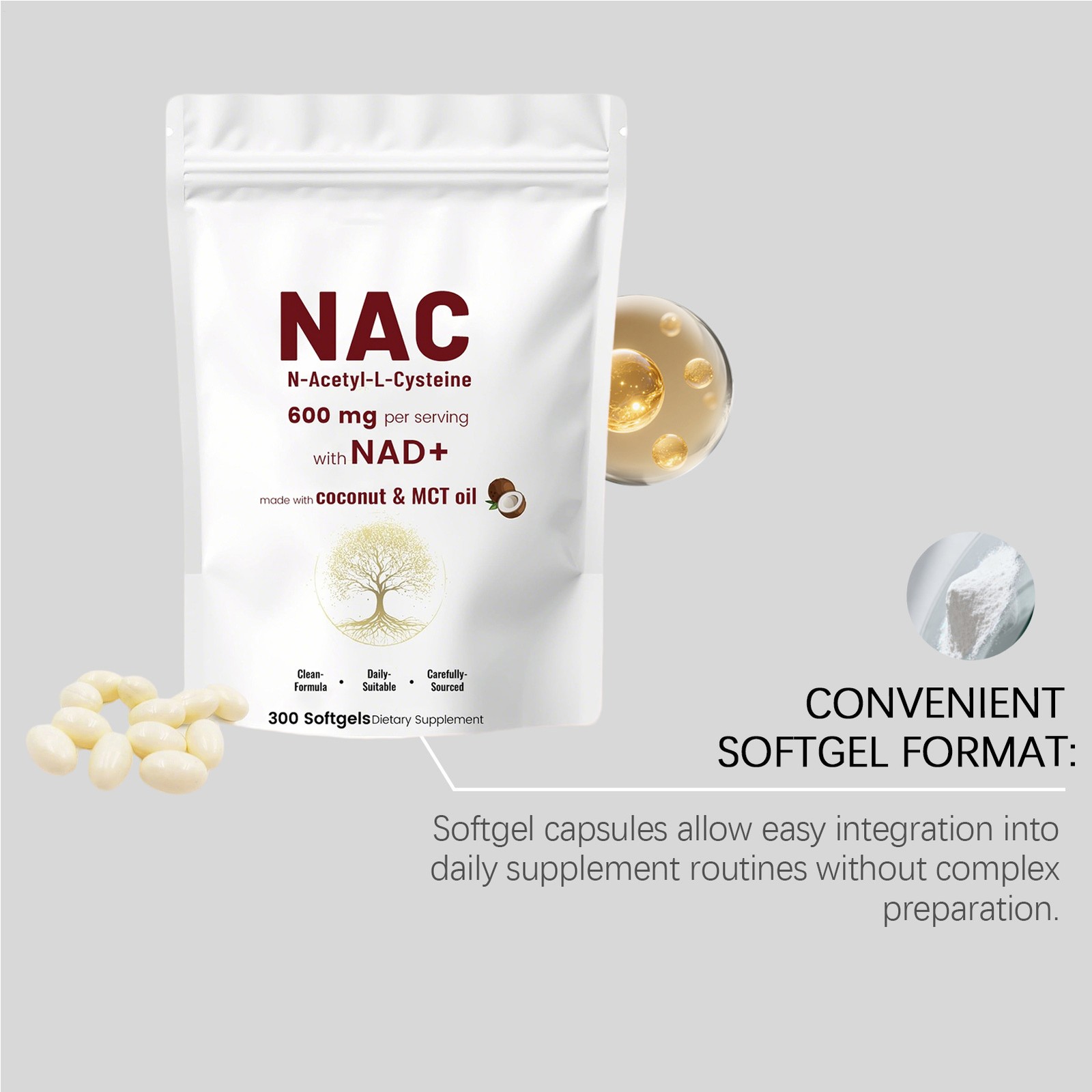 NAC 600mg with NAD+, 300 Coconut MCT Oil Softgels | L Acetyl N Cysteine & Nicoti