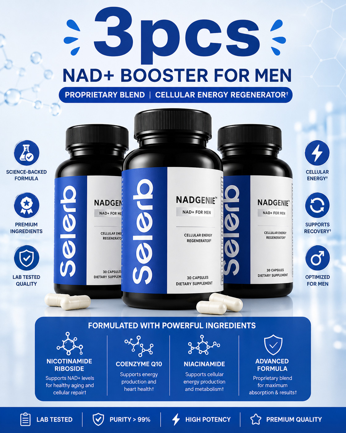 Selerb NAD+ Supplement for Men L-Carnitine, L-Arginine, Maca & Ashwagandha 3pcs+
