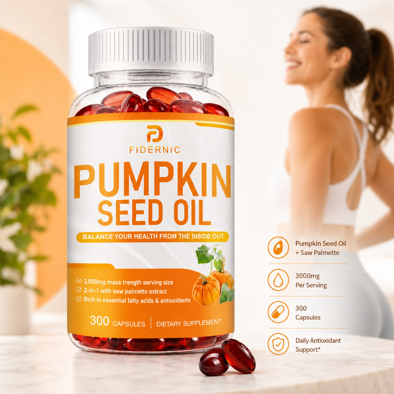FIDERNIC Pumpkin Seed Oil Saw Palmetto 300 Capsules Antioxidant Support