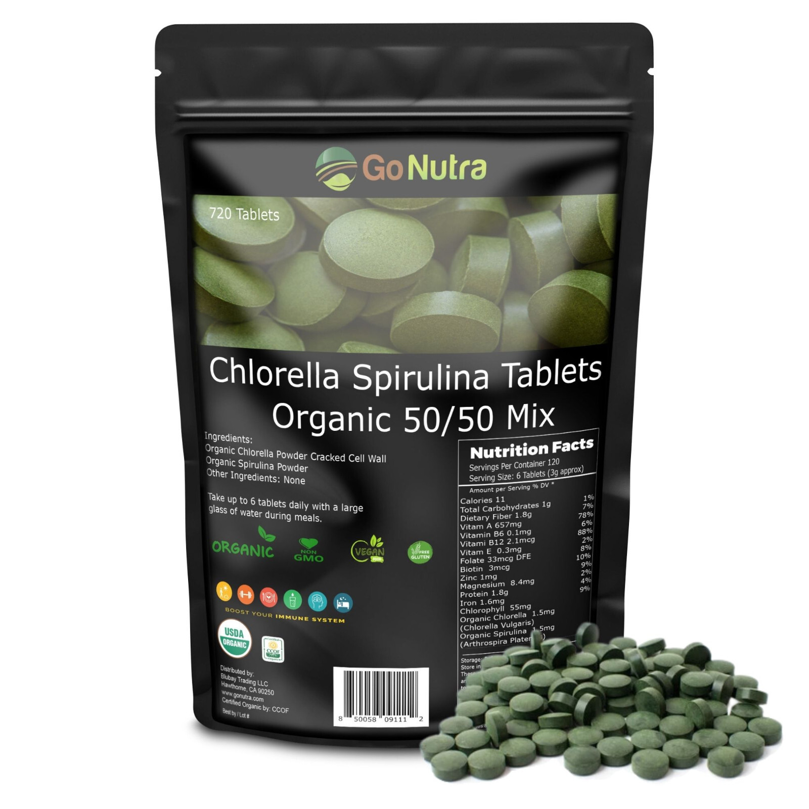 Organic Chlorella Spirulina Tablets 50/50 Mix, 500mg, 720 count, 4 month supply