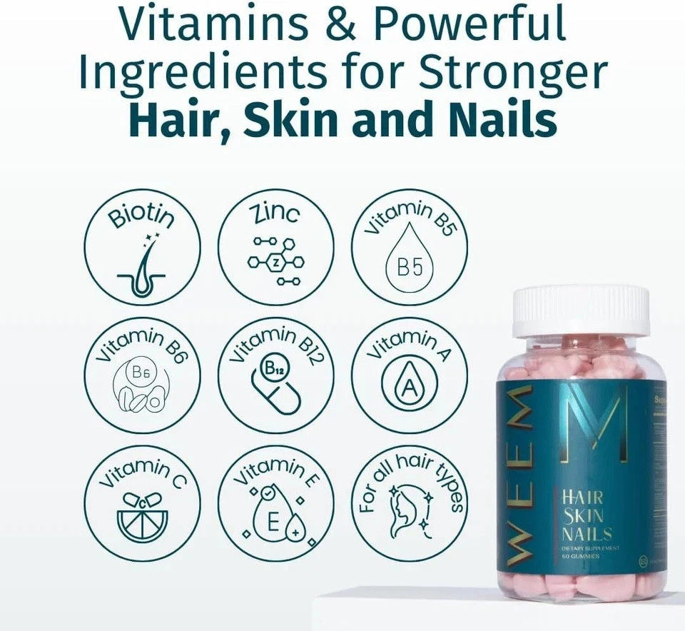 WEEM Hair Skin and Nails Gummies, Vegan biotin Vitamins – Healthy Hair (Pack 3)