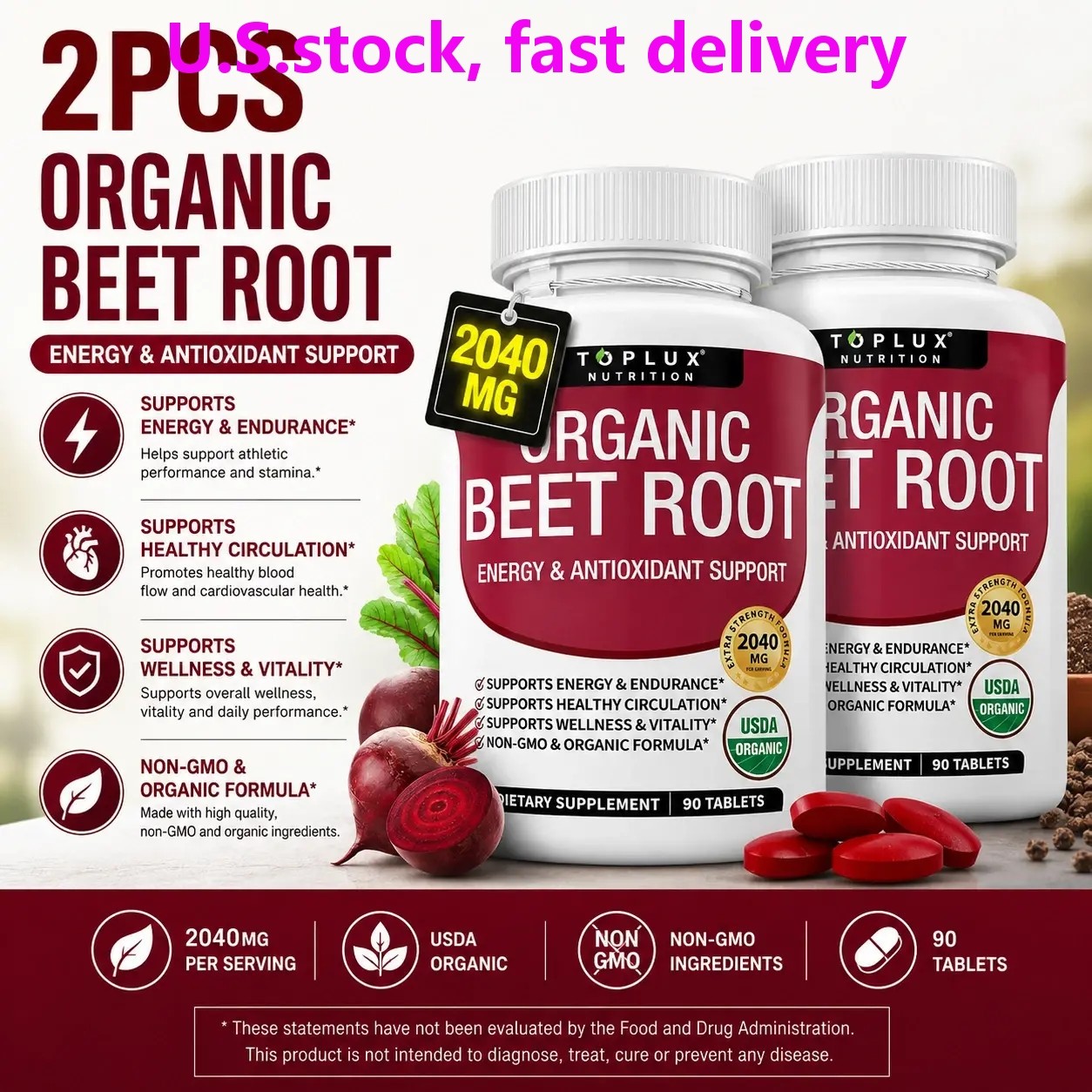 2 BOTTLES–NEW TopLux Organic Beet Root 2040mg––Energy Circulation & Antioxidant