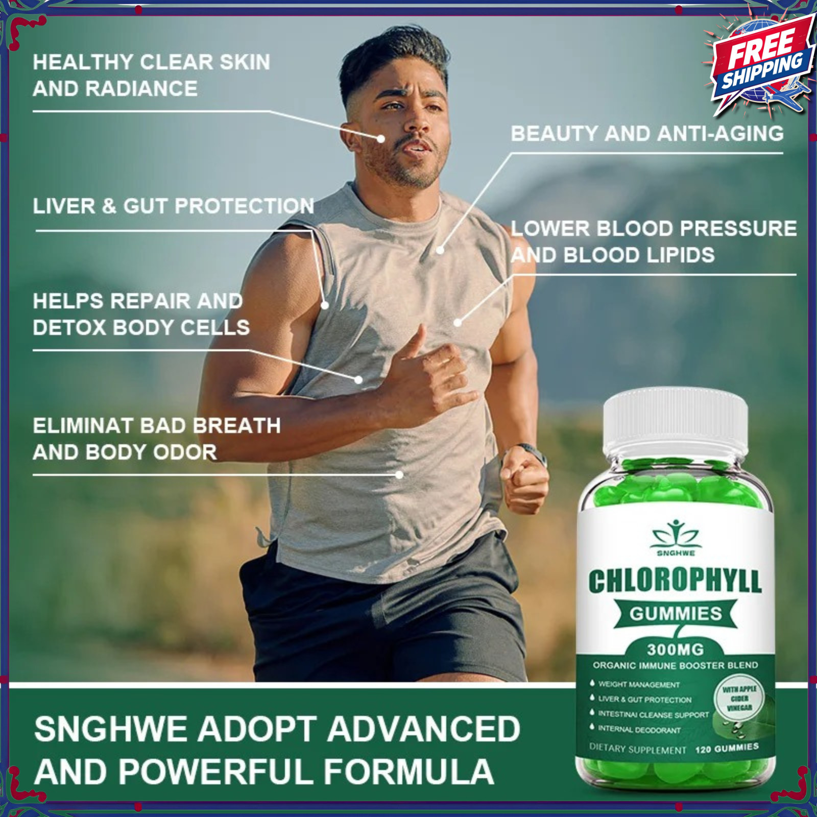 Chlorophyll Gummies with ACV Vitamin D3 C E B12 Natural Deodorant Energy Boost