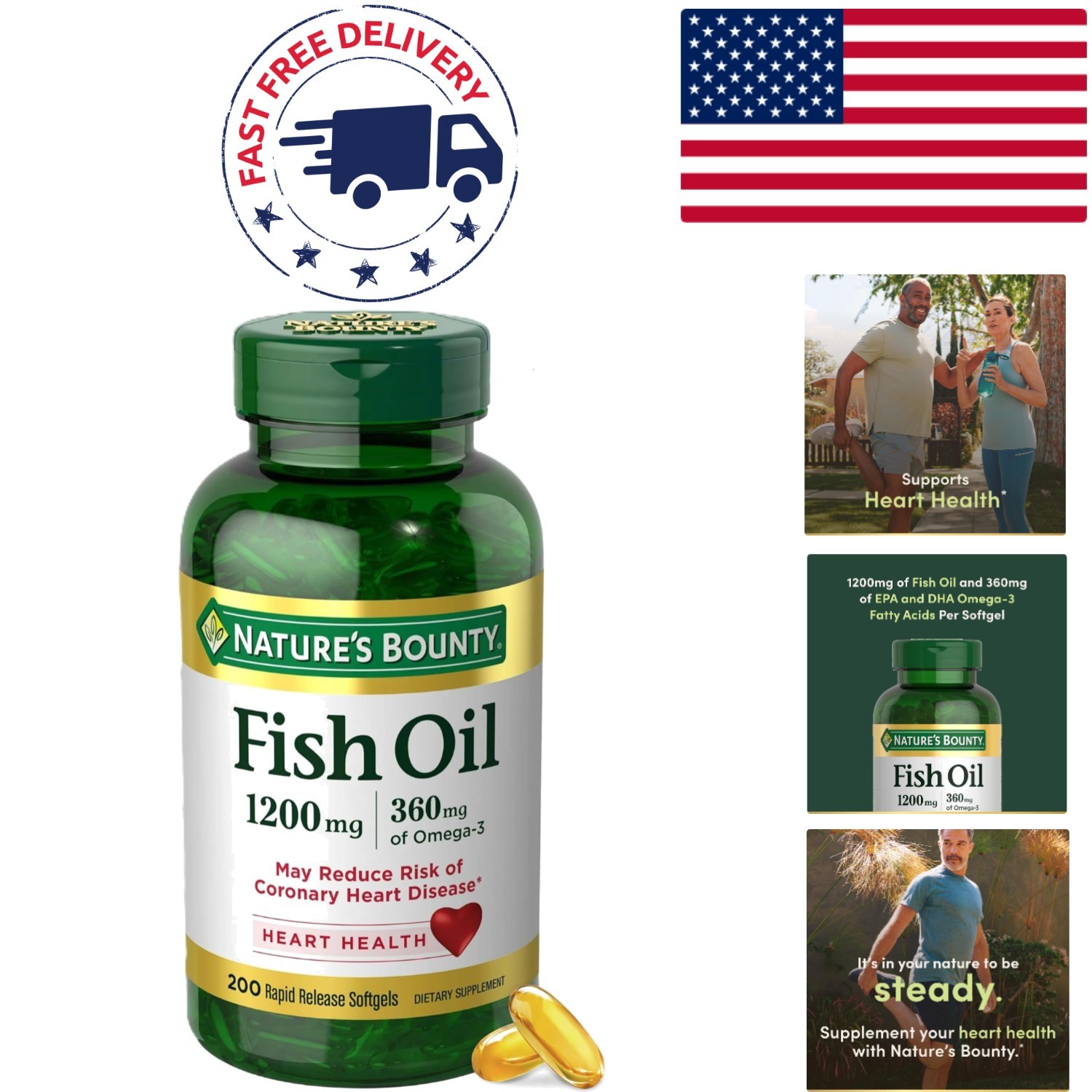 Heart Health Omega-3 Fish Oil Supplements – 1200 Mg, 200 Softgels, Gluten Free