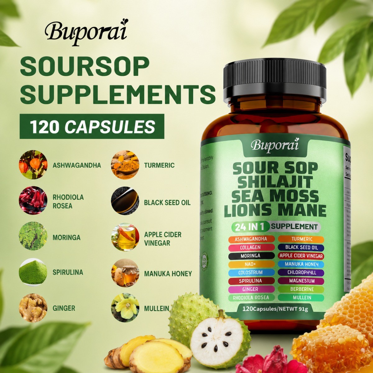 Buporai 24-in-1 Soursop | Sea Moss Lion Mane Support Skin Joint & Immune Health