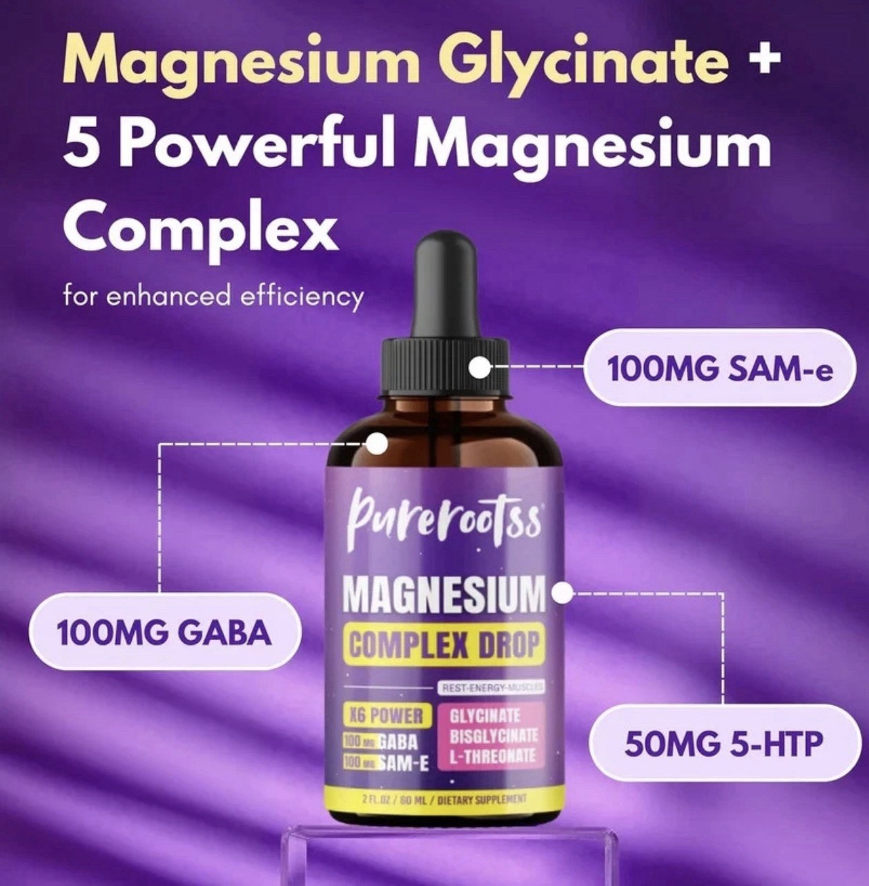 Pure Rootss Magnesium Glycinate Liquid Drops Gaba/Sam-E Melatonin Free 2 Pack