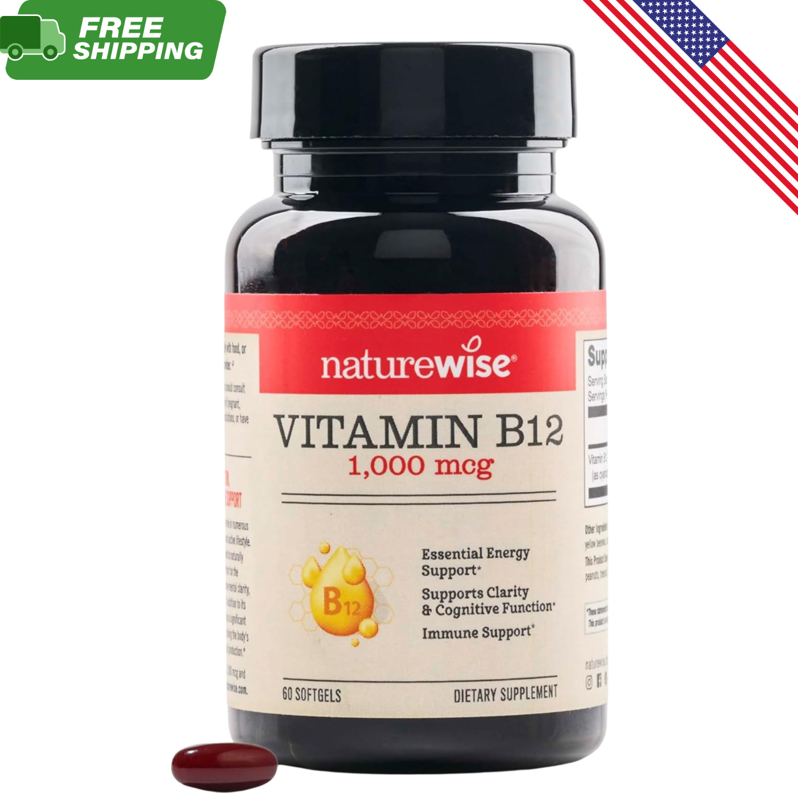 NatureWise Vitamin B12 1000mcg 60 Softgels Energy Brain Nerve Gluten Free Halal