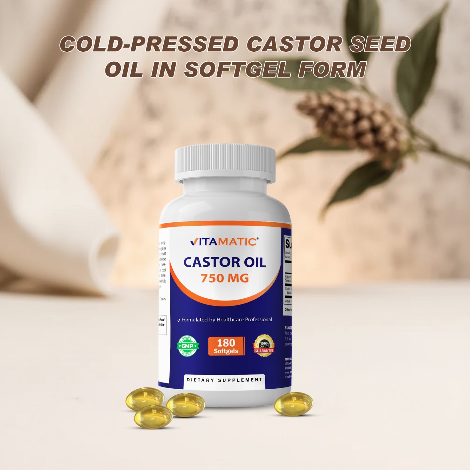 Vitamatic Castor Oil Softgels 750 mg | Cold Pressed | 180 Softgels