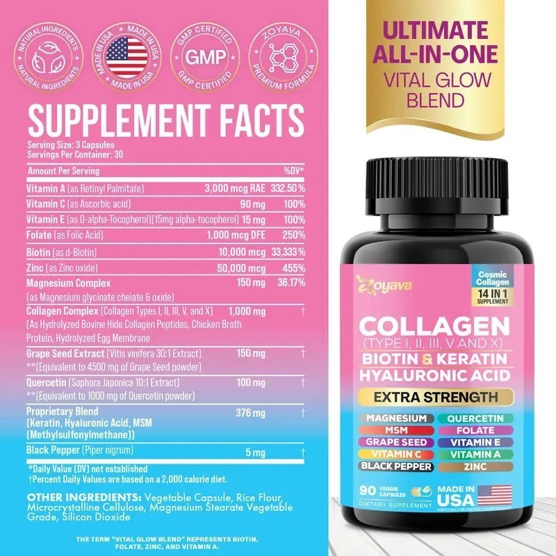 NEW Beauty Collagen Complex Type I II III V X Biotin Keratin 90 Caps