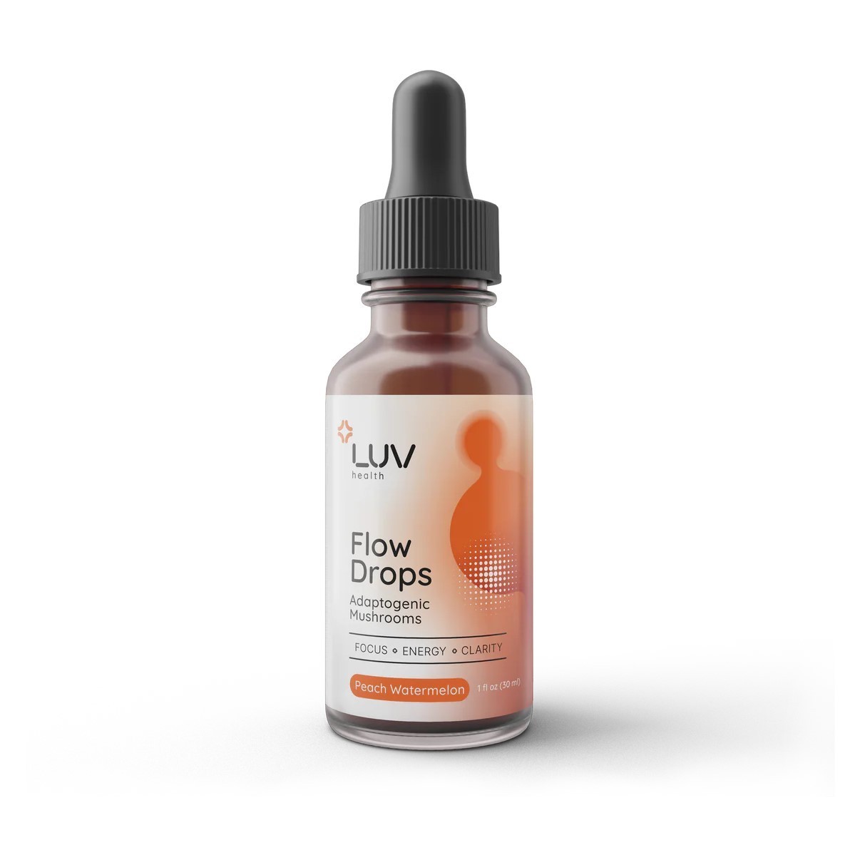 LUV Health Flow Drops – Adaptogenic Mushrooms. Peach Watermelon. 1 fl oz. NISB.
