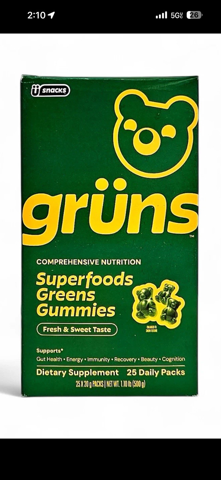 Gruns Adult Organic Superfood Greens Multivitamin Gummies, 25 Count 01/2027 Exp