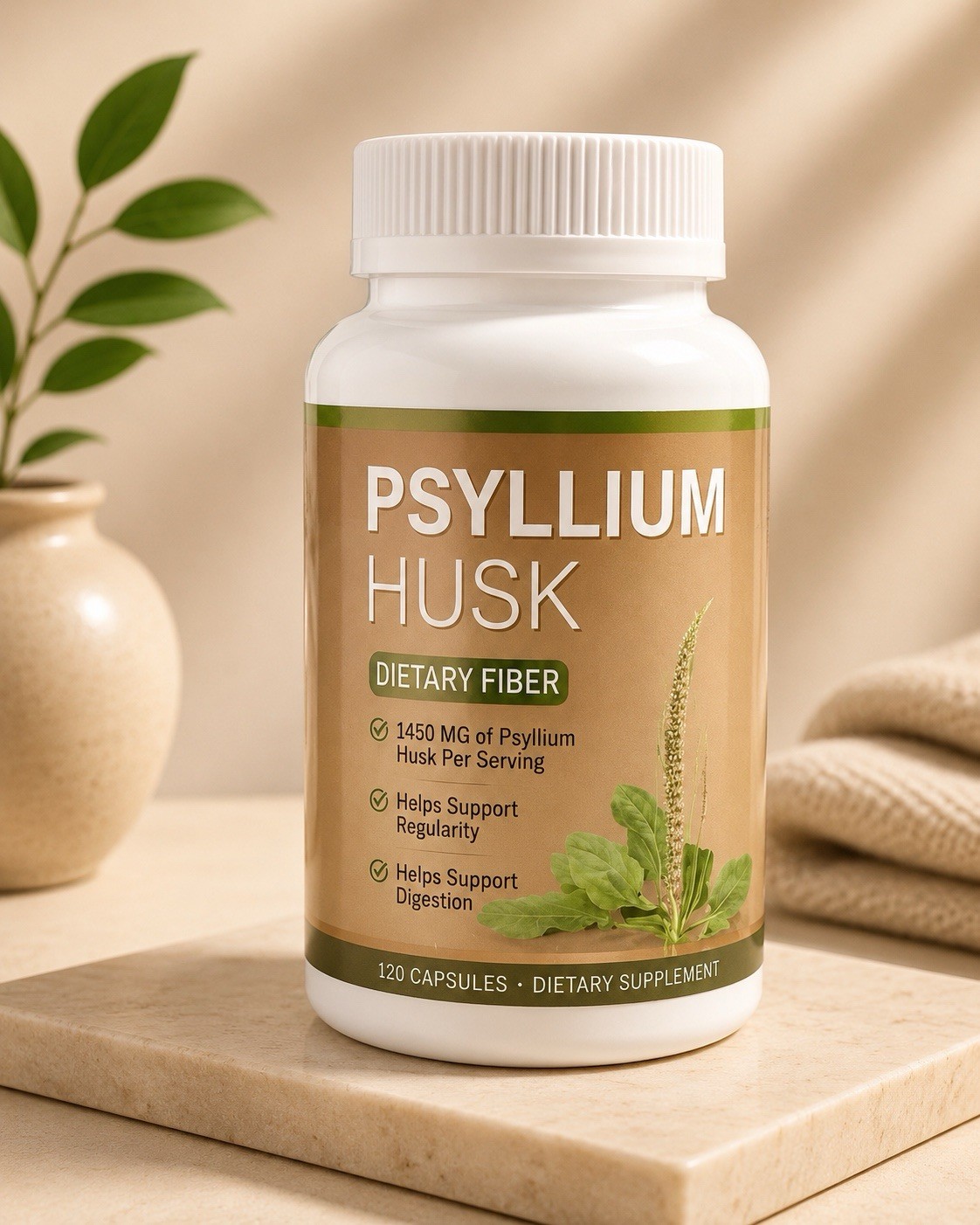 Psyllium Husk Capsules Dietary Fiber 1420mg Support Digestion + Regularity