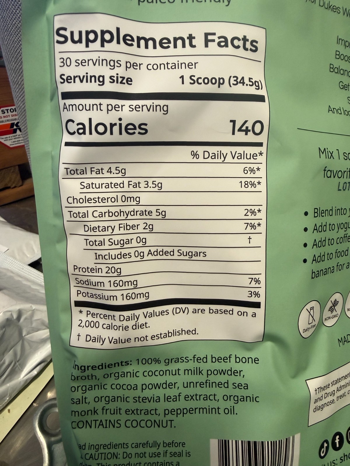 36.5oz TD Wellness Mint Chocolate Bone Broth Protein Powder 100% Grass Fed 20g