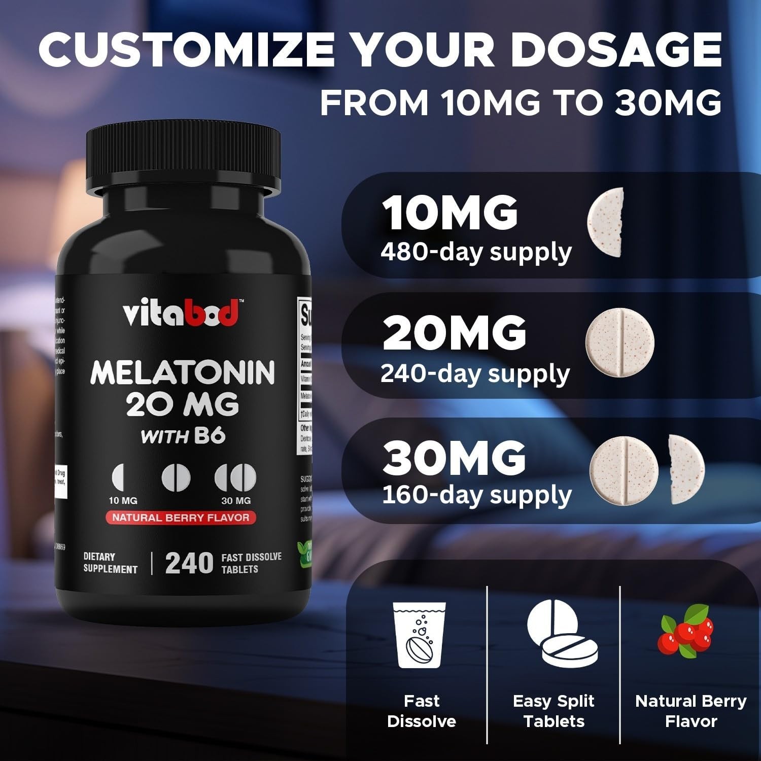 Melatonin 20mg Fast Dissolve Tablets – Drug-Free Sleep Aid, Vegetarian, Non-GMO,