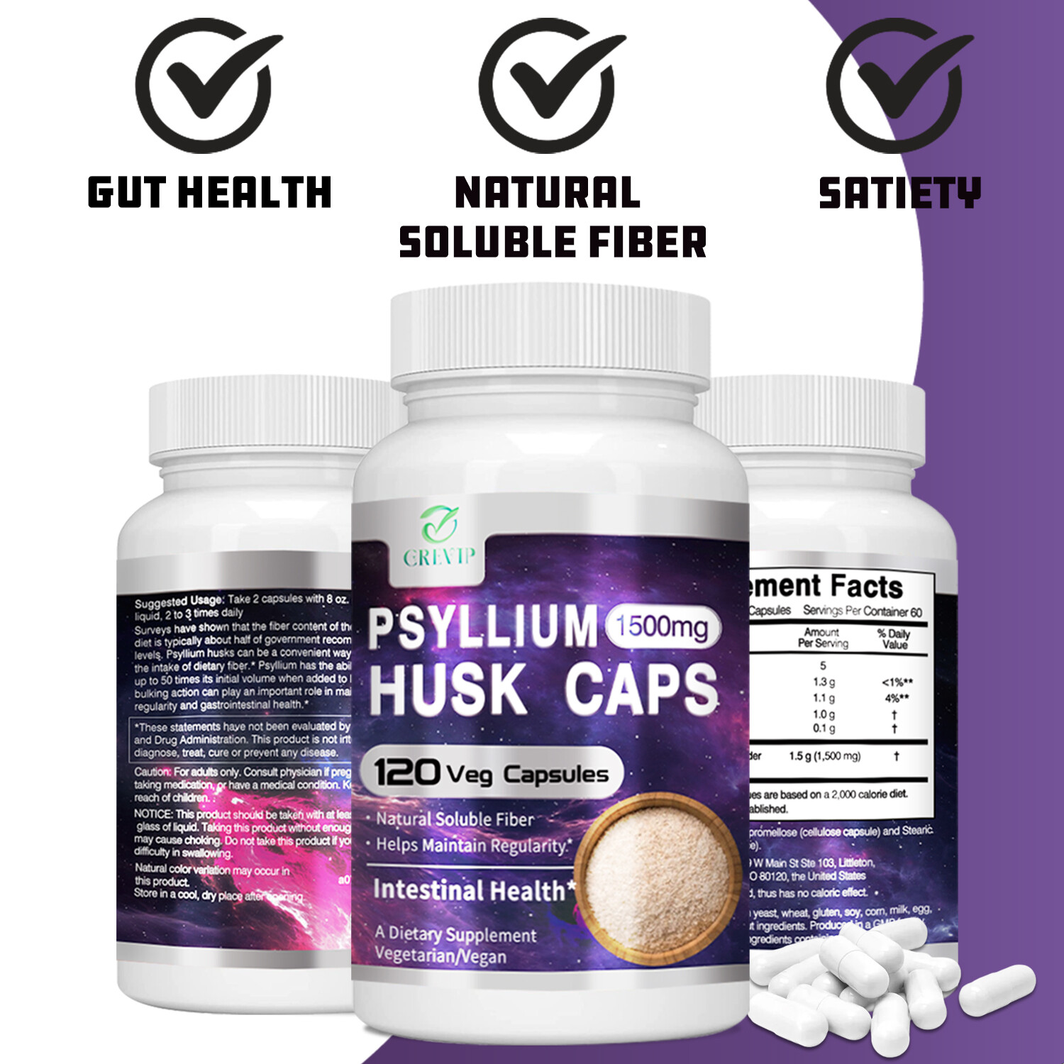 120pcs Psyllium Husk Caps – High Absorption, Natural Soluble Fiber Supplements
