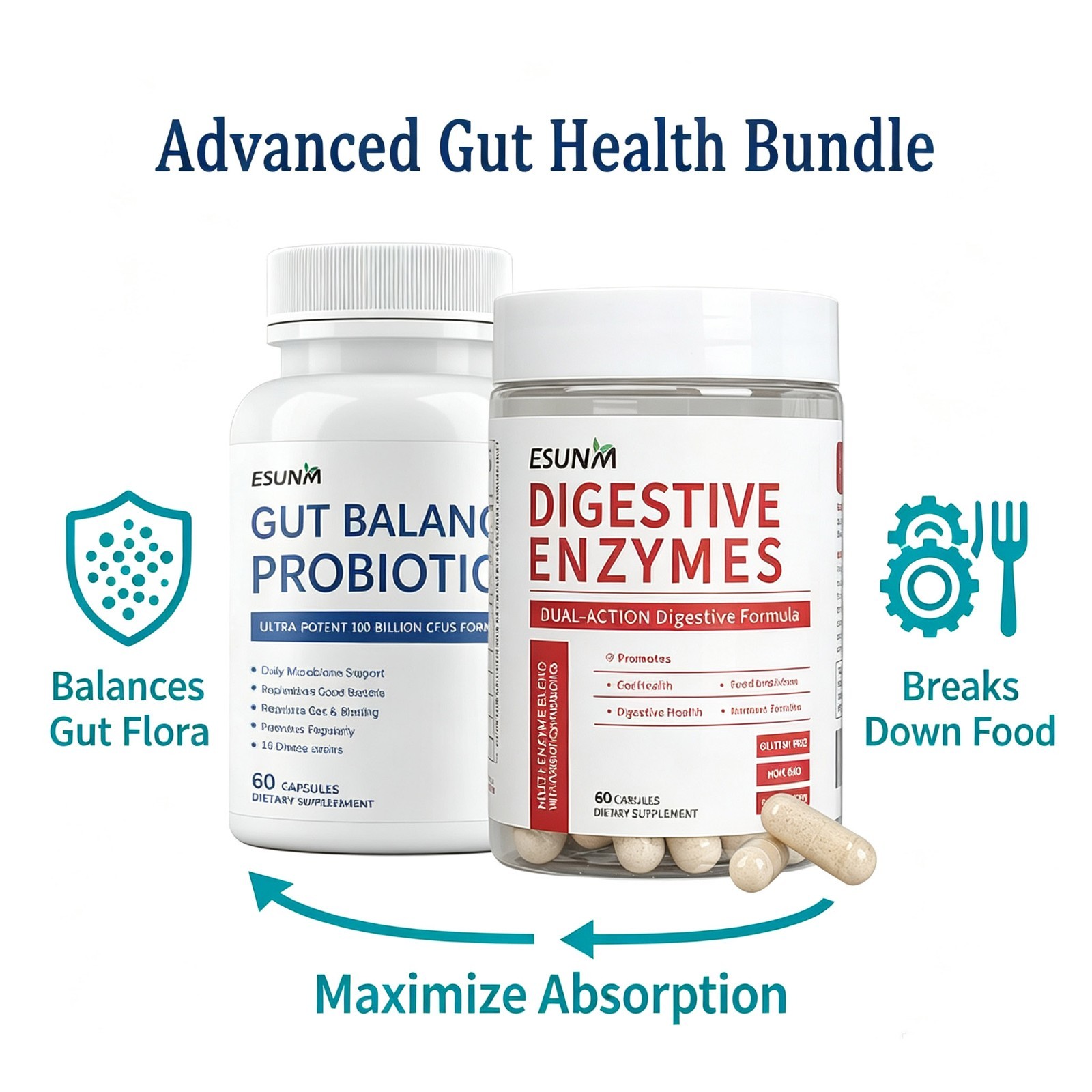 Probiotic 100 Billion & Digestive Enzyme Supplement Food Breakdown 60ct Set