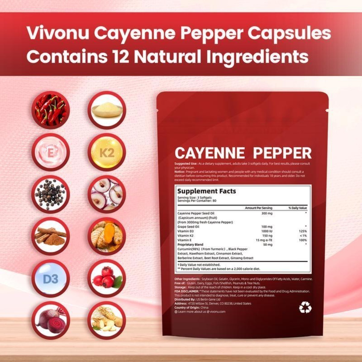 VIVONU Cayenne Pepper 240 Softgels, Heart & Vascular Health Supplement NEW
