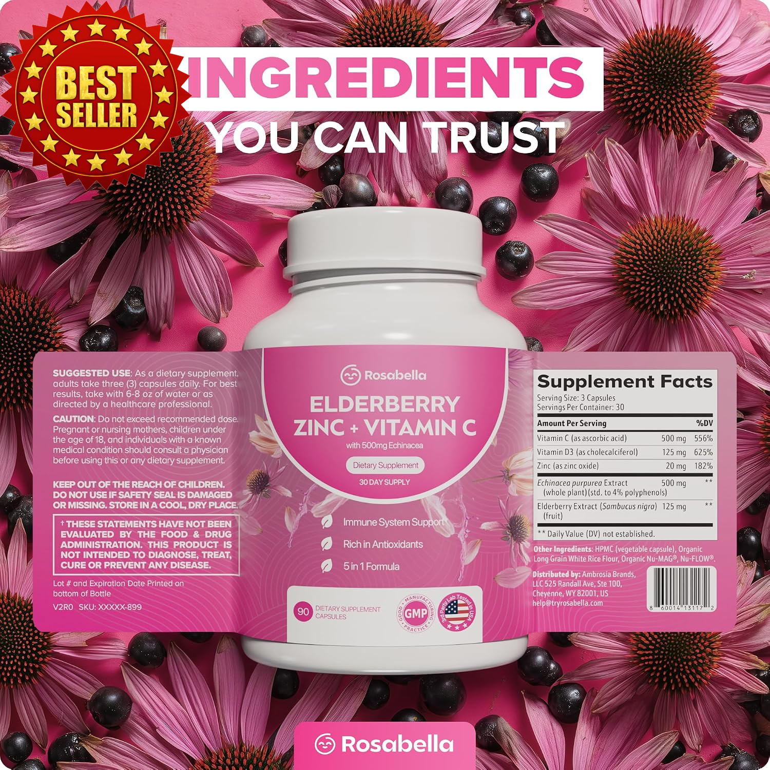 Rosabella Elderberry Supplement Capsules 90 Count Zinc Vitamin C D3 Vegan
