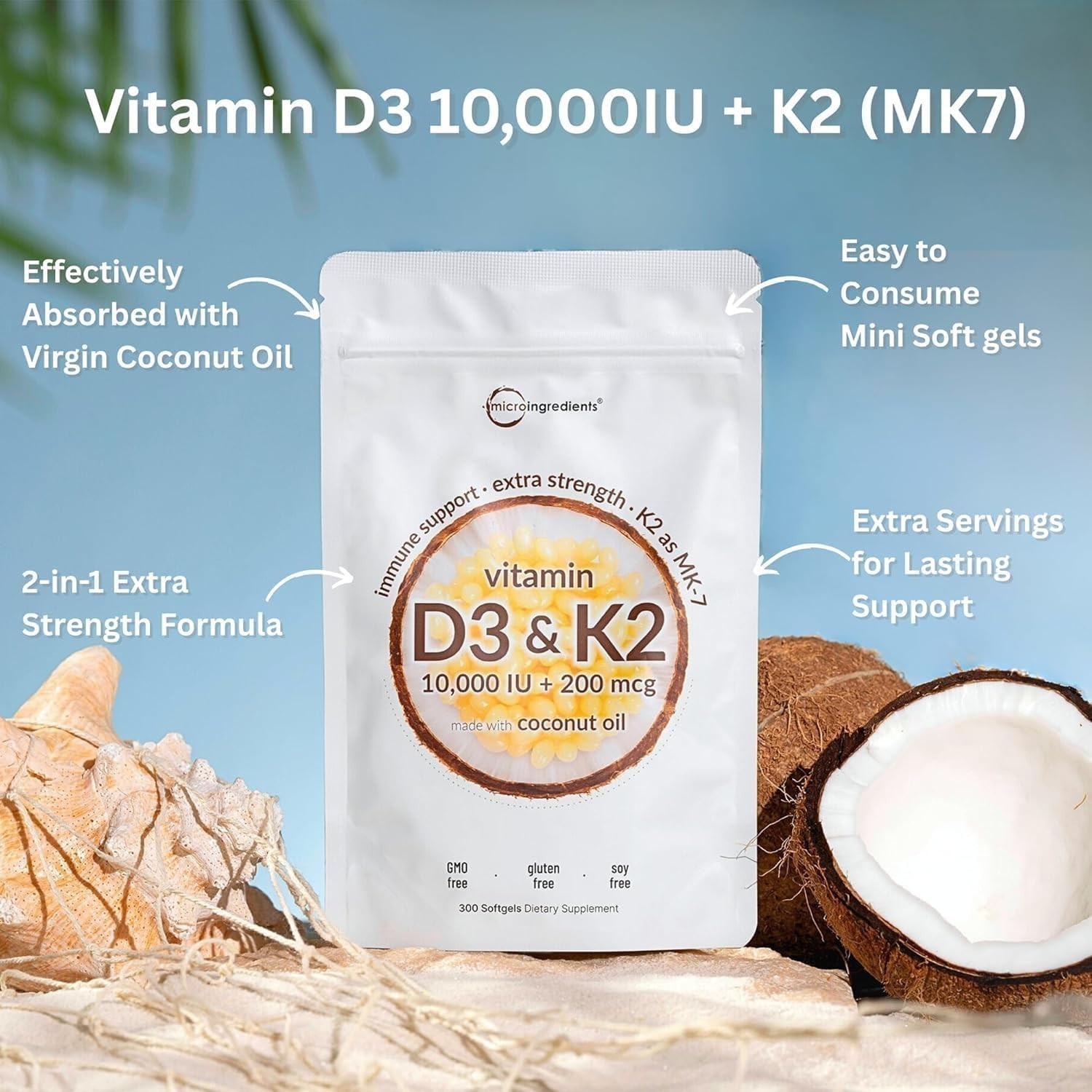 Vitamin D3 10000 iu Plus K2 (MK-7) 200 mcg, 300 Virgin Coconut Oil Softgels NEW
