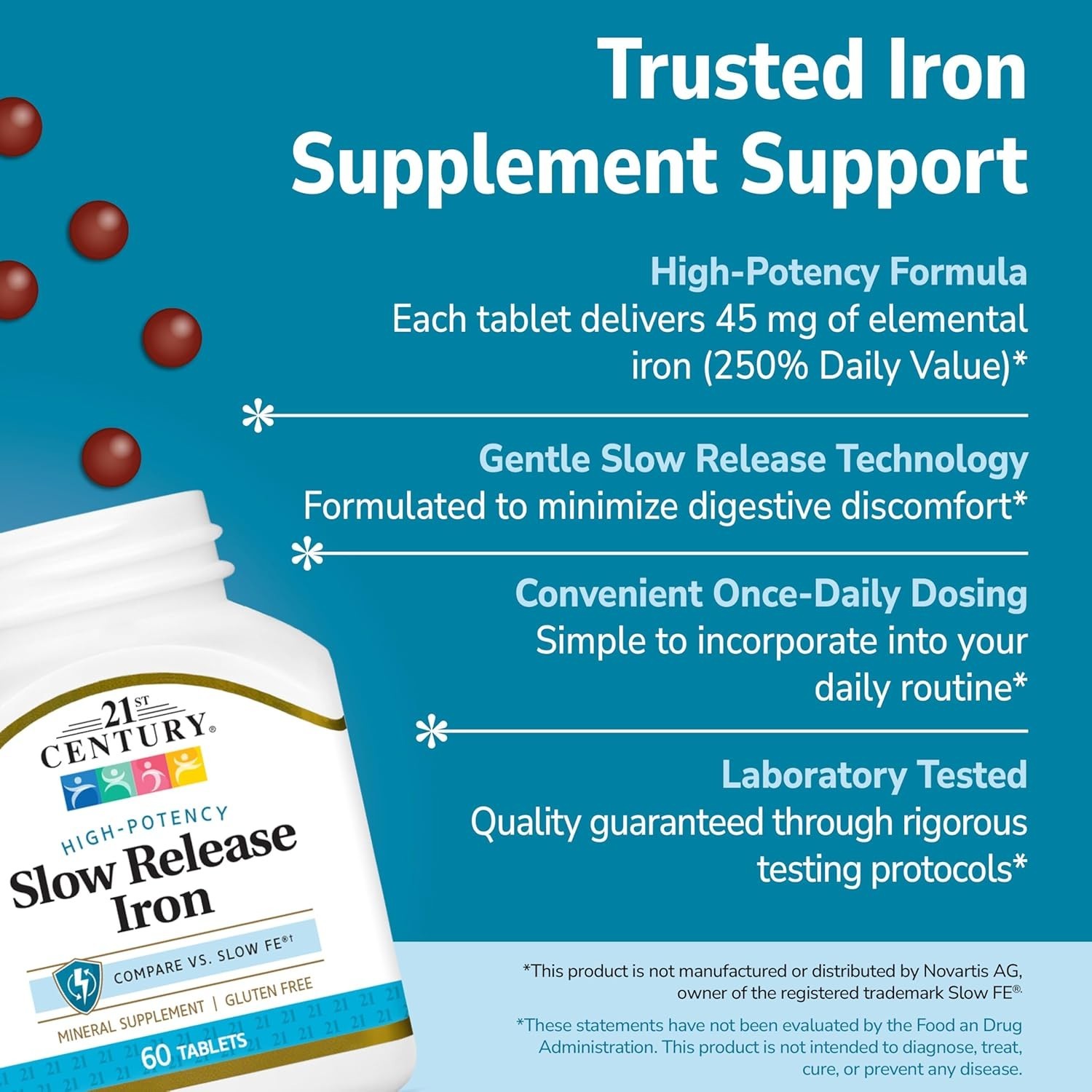 Iron Support Tablets – Slow Release, 60 Count, Suitable for Gluten-Free Adults