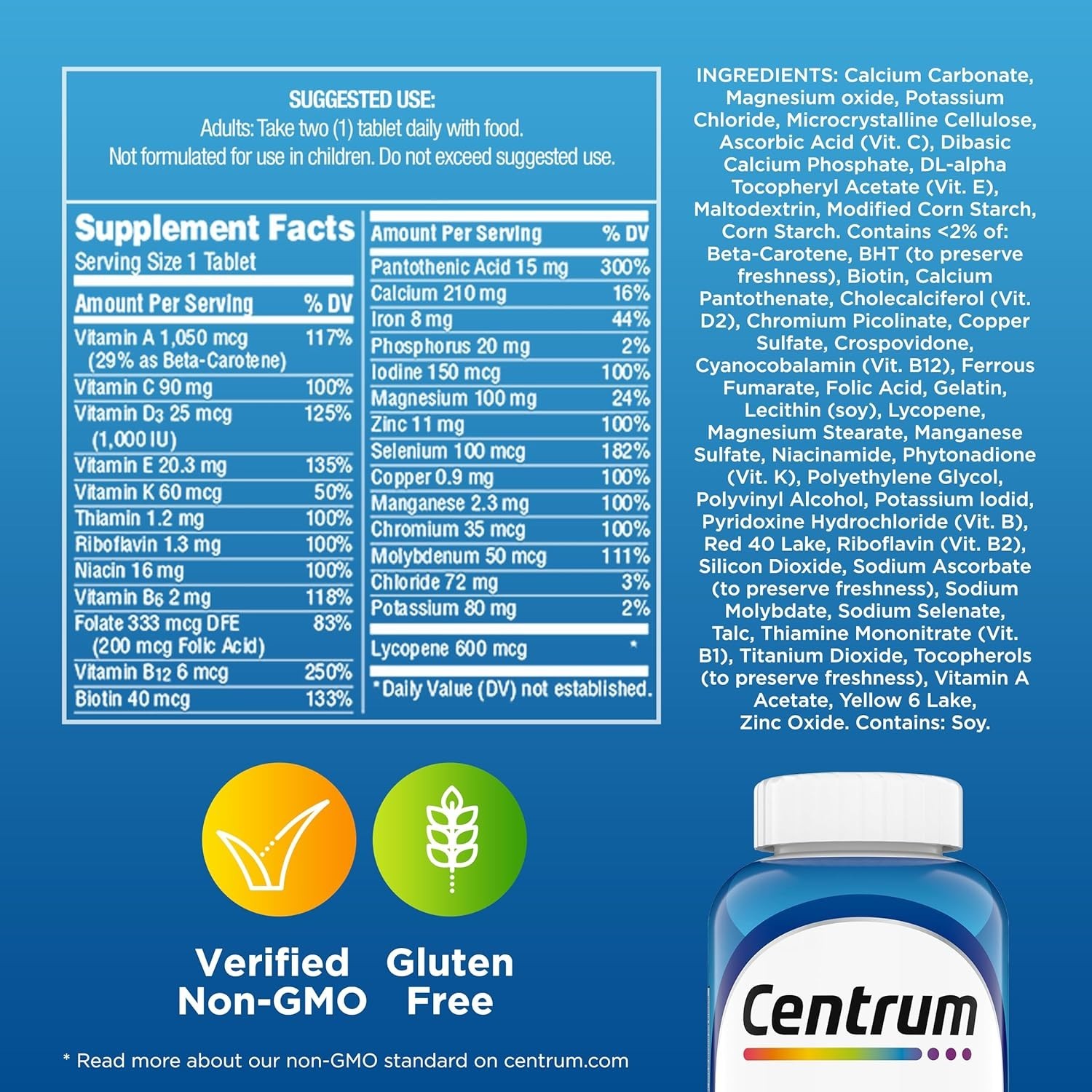 Centrum Multivitamins for Men, 250 Count, Daily Supplement, Gluten Free, Non-GMO